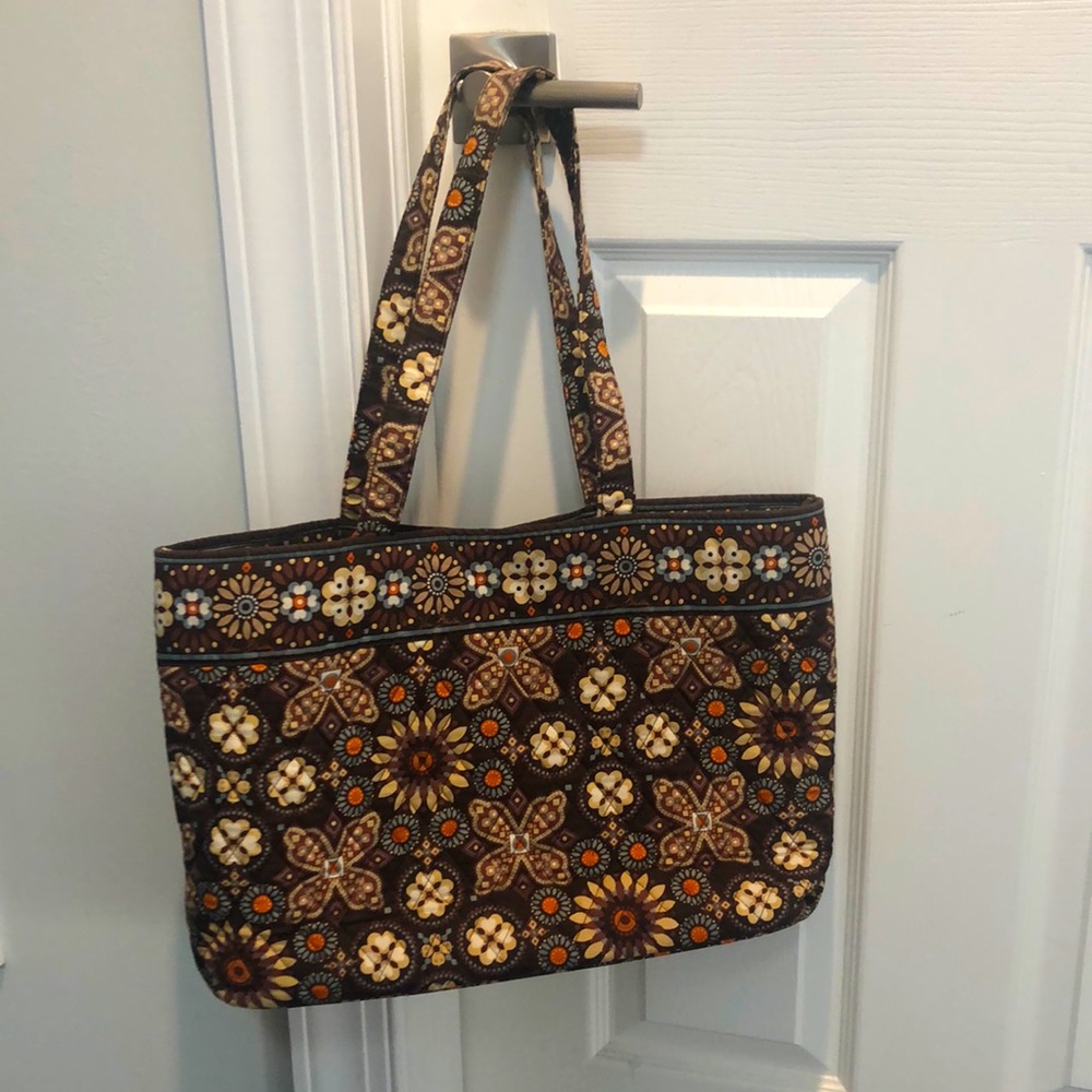 Vera Bradley Tote Bag Snap Floral Brown Tan Orange and Blue Open Top Medium